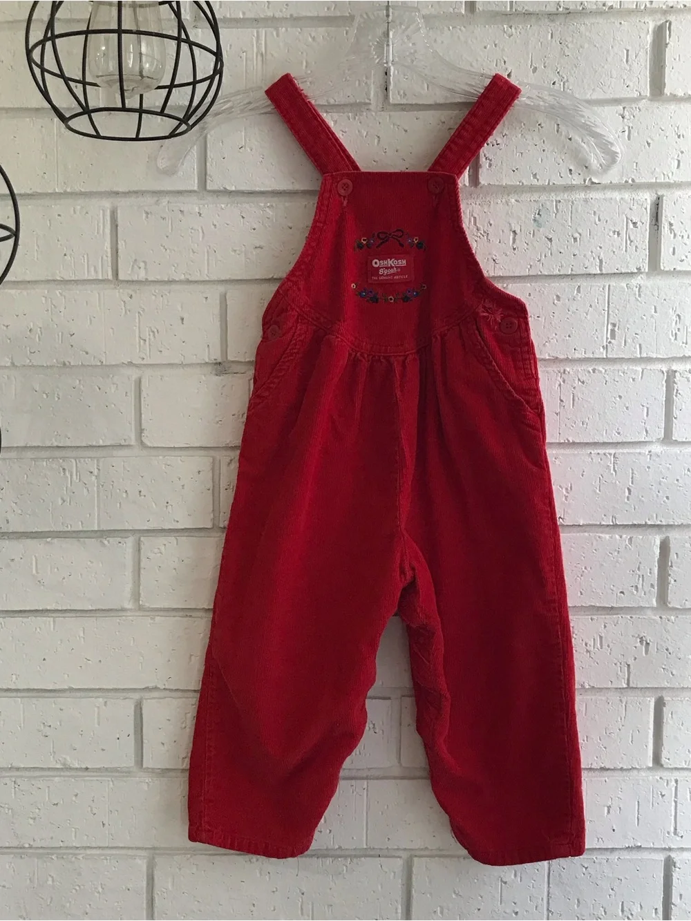 OshKosh B'gosh Red Corduroy Overalls Vestbak Floral Embroidered Vintage
